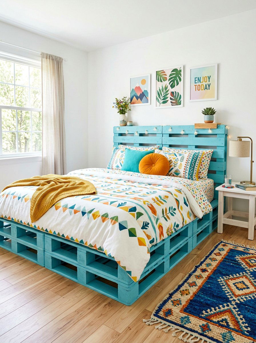 Blue painted pallet bed - 25 Pallet bed ideas for boys room