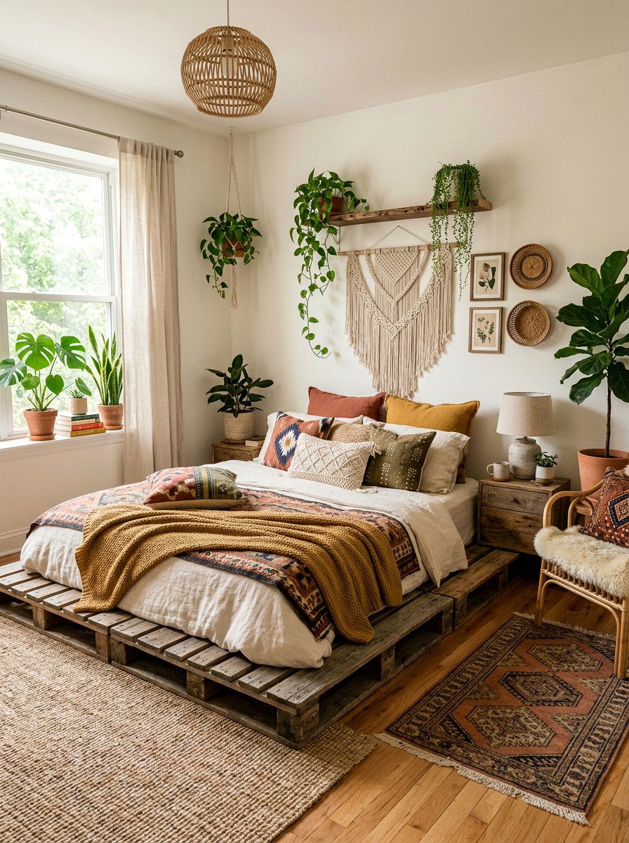 Bohemian Pallet Bed - 25 Minimalist pallet bed ideas