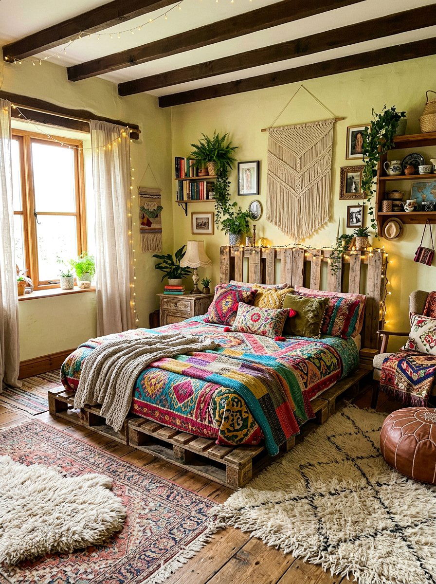 Bohemian Pallet Bed - 25 Farmhouse pallet bed ideas