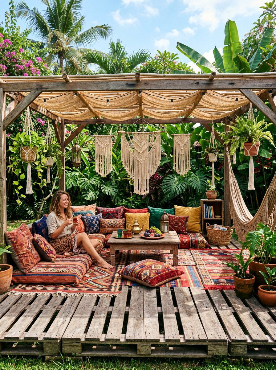 Bohemian Style Pallet Retreat - 25 Pallet Deck for Backyard Ideas