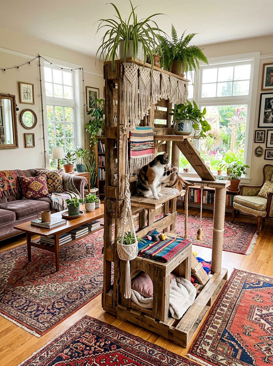 Bohemian cat play area - 25 pallet cat tree ideas