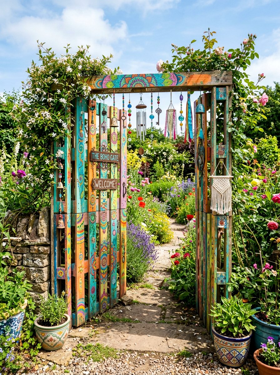 Bohemian colorful pallet gate - 25 Pallet Garden Gate Ideas