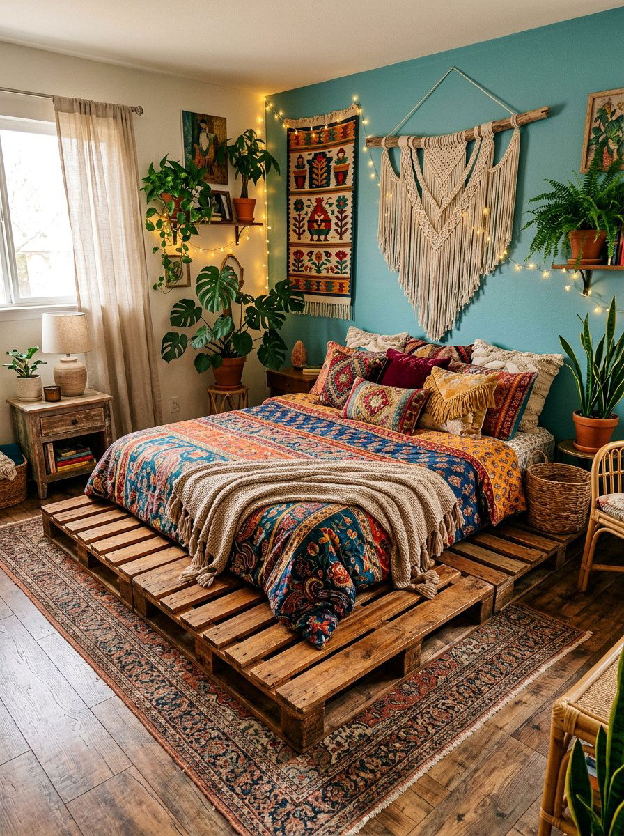Bohemian pallet bed - 25 Pallet bed ideas for small bedroom