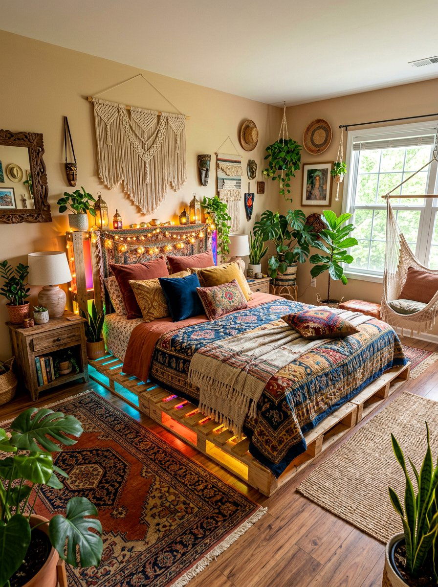 Bohemian style pallet bed lights - 25 Lighted pallet bed frame ideas