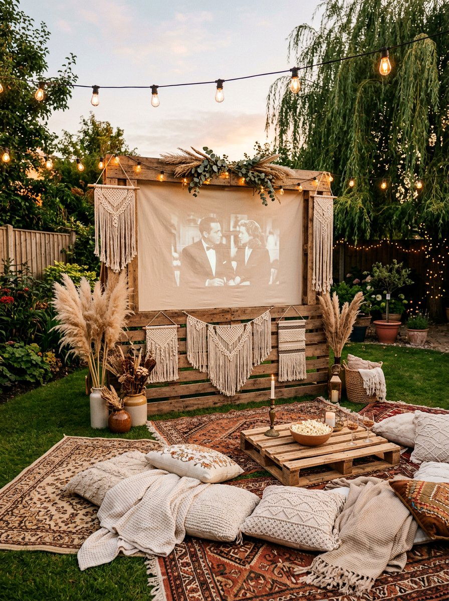 Boho Backyard Movie Screen Pallet - 25 Pallet Outdoor Movie Screen Ideas