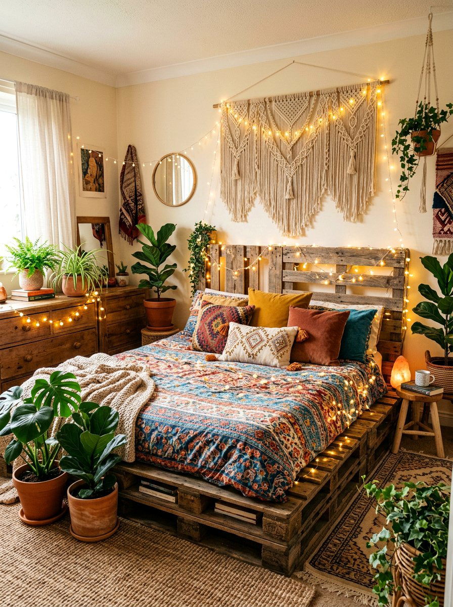 Boho Bedroom Pallet Bed Lights - 25 Pallet bed ideas with string lights
