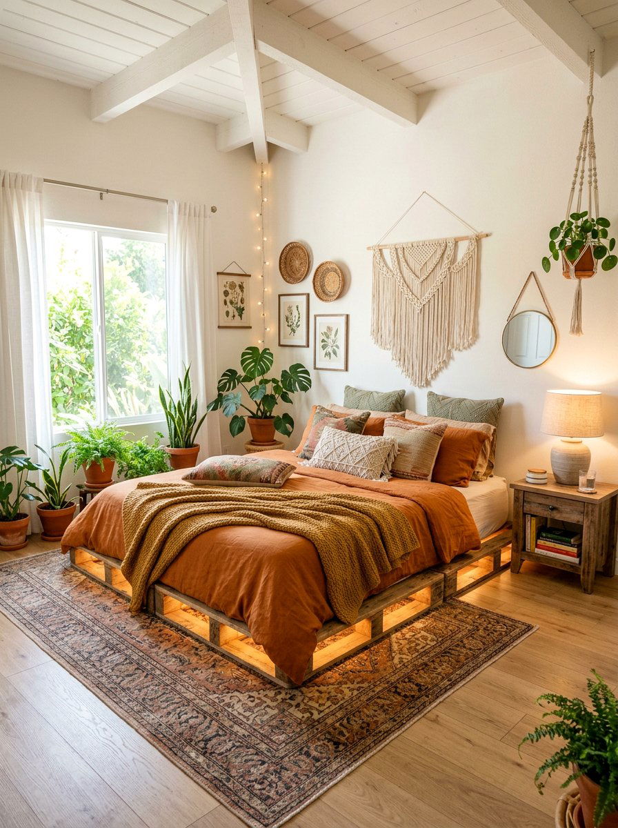 Boho Pallet Bed - 25 Pallet bed ideas with lights underneath