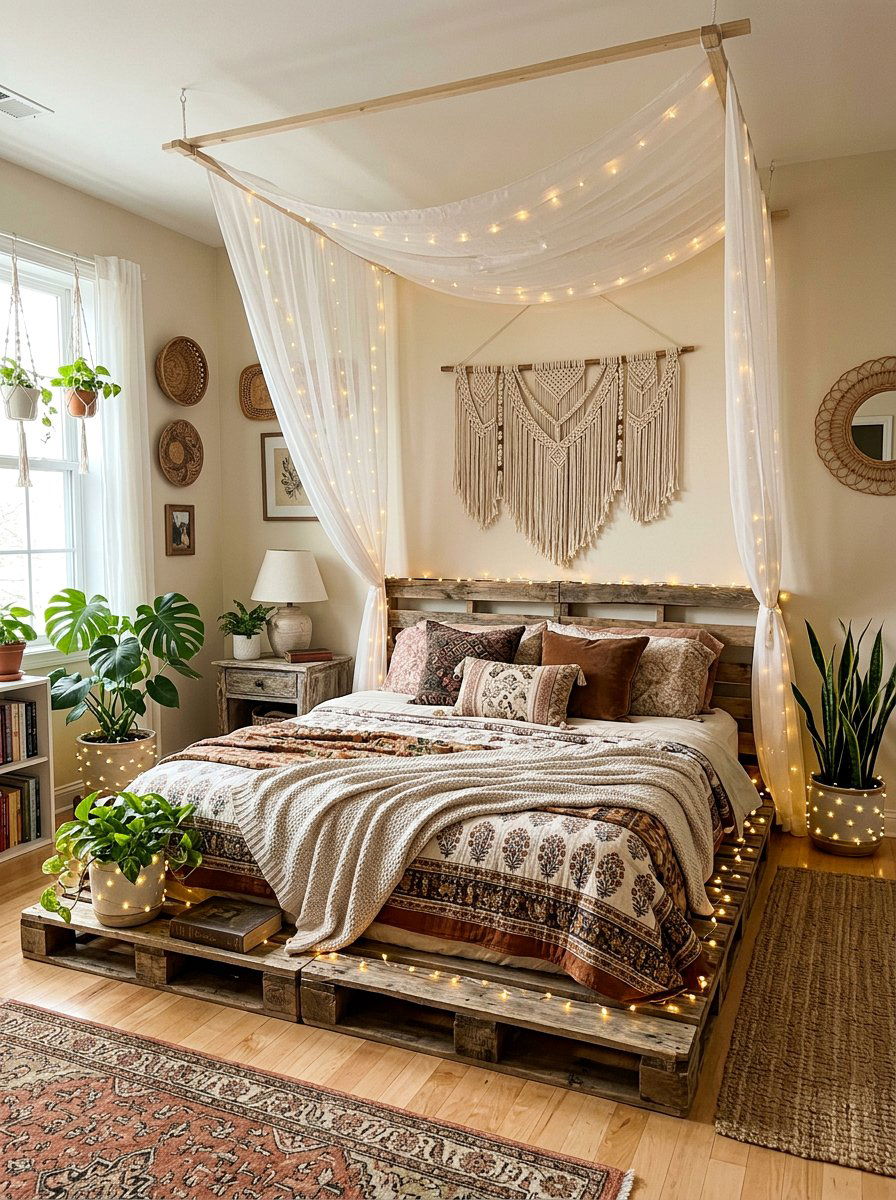 Boho Pallet Bed Lighting - 25 Illuminated pallet bed ideas