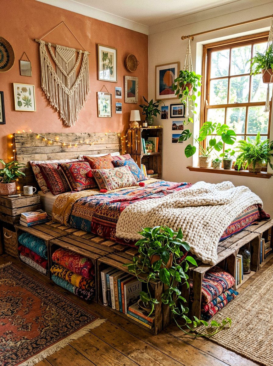 Boho Pallet Bed Storage - 25 Pallet bed ideas with crate storage