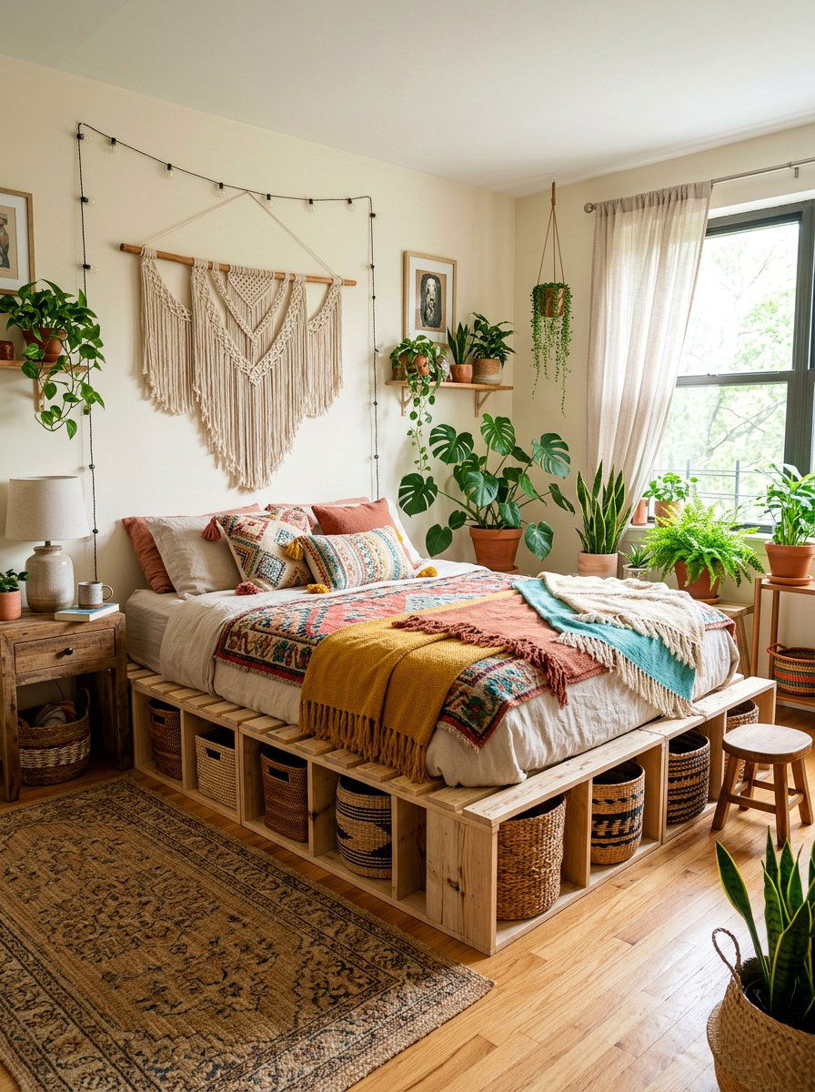 Boho Pallet Bed Underbed Baskets - 25 Pallet bed ideas with storage underneath