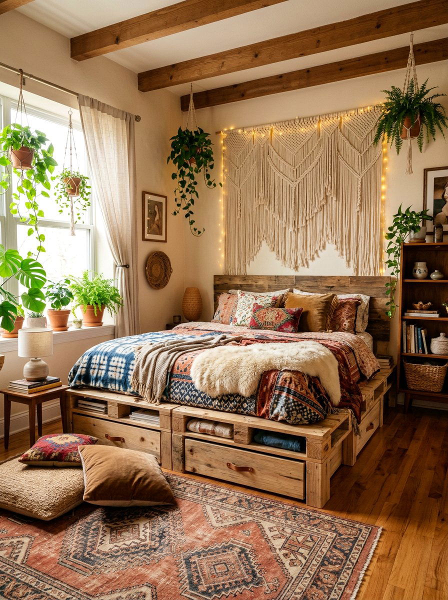 Boho Style Bedroom - 25 Pallet bed ideas with drawers