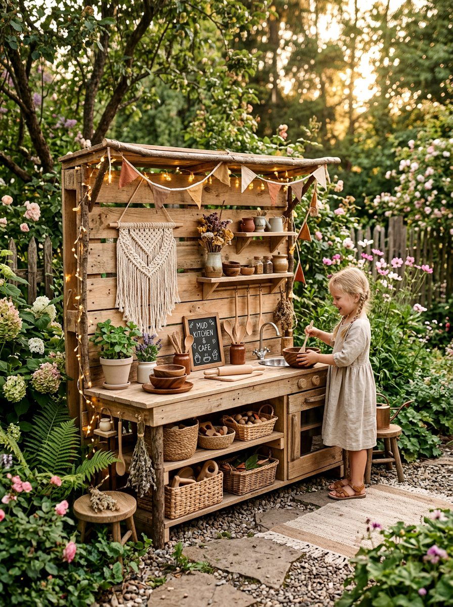 Boho Style Outdoor Play Kitchen - 25 Pallet Outdoor Play Kitchen Ideas