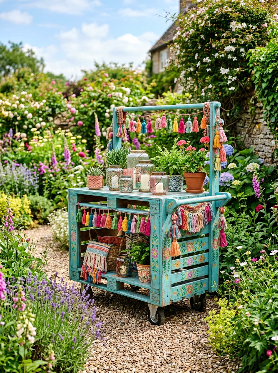 Boho Style Painted Pallet Cart - 25 Pallet Outdoor Serving Cart Ideas