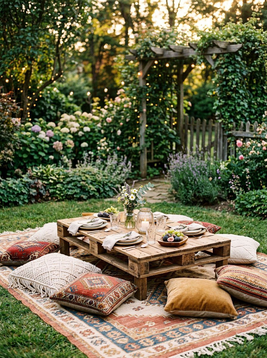 Boho Style Pallet Picnic Table - 25 Pallet Outdoor Dining Table Ideas