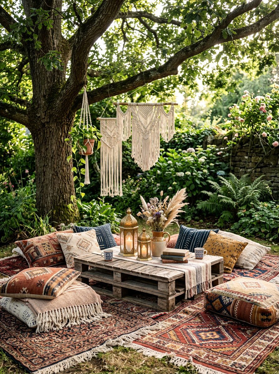Boho floor seating pallet table - 25 Pallet Picnic Table Ideas