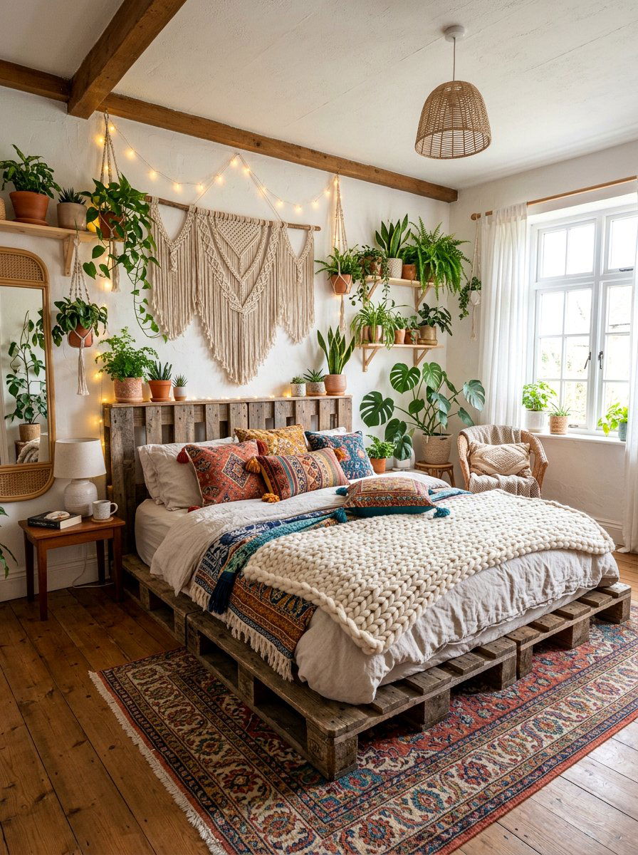 Boho pallet bed - 25 Double pallet bed ideas