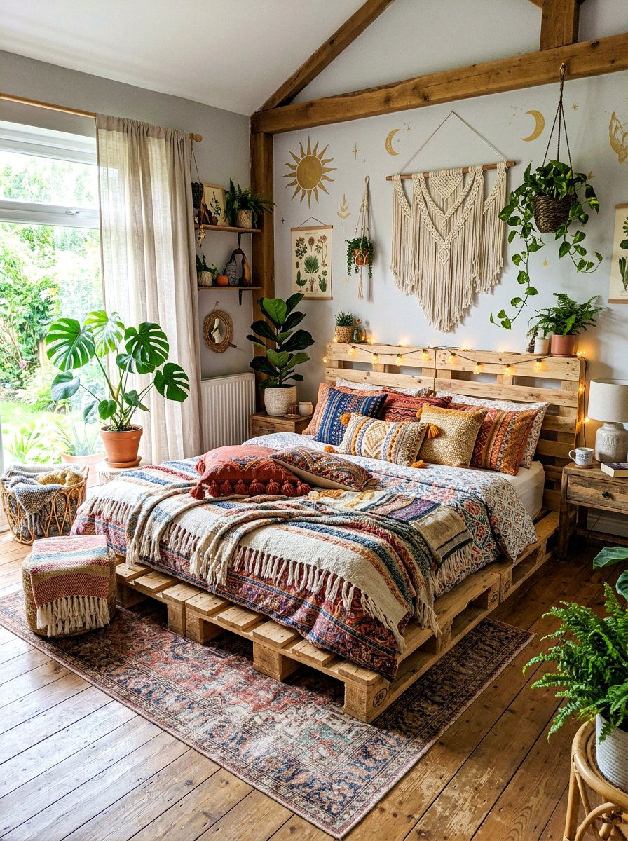 Boho pallet bed - 25 Full size pallet bed ideas