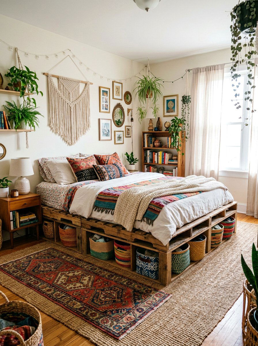 Boho pallet bed storage - 25 Pallet bed ideas with built-in storage