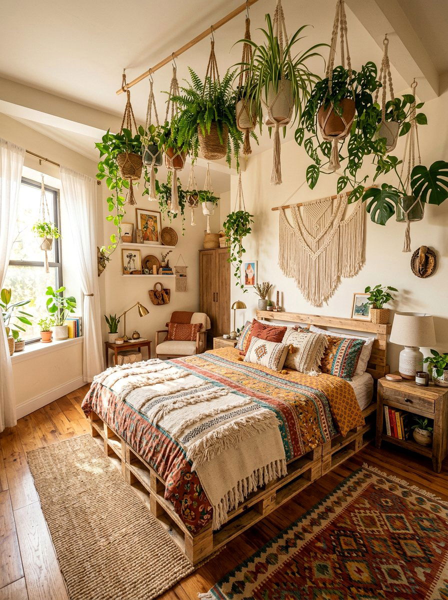 Boho pallet bed with hanging plants - 25 Pallet bed ideas for master bedroom