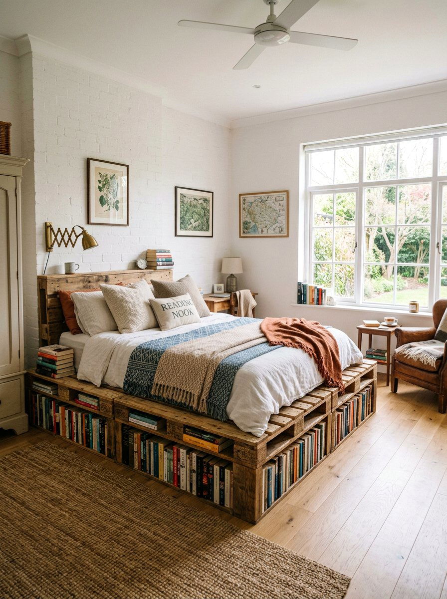 Bookshelf Base Bed - 25 Pallet bed ideas with hidden storage