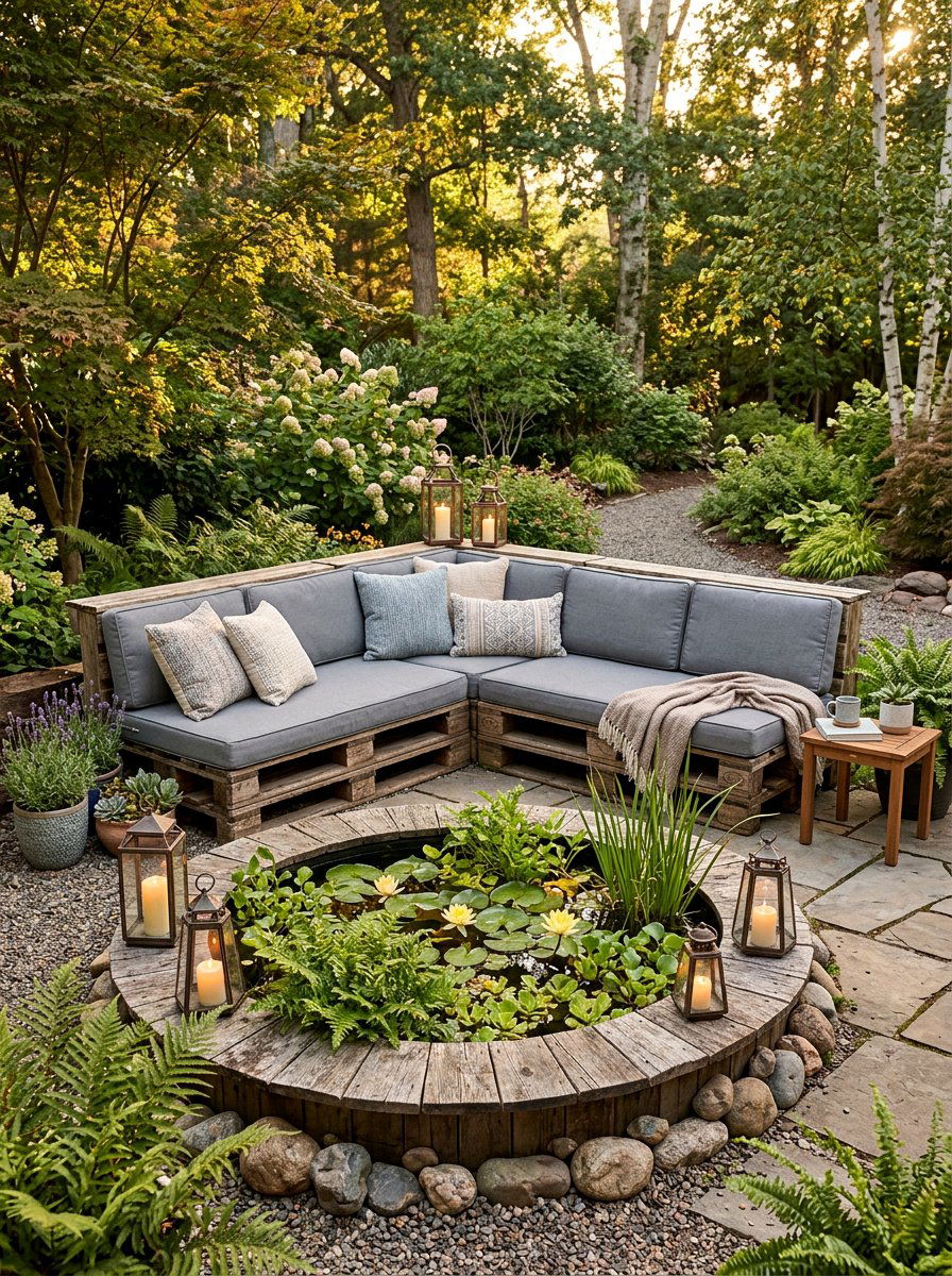 Built In Pallet Bench Seating - 25 Pallet Pond Surround Ideas
