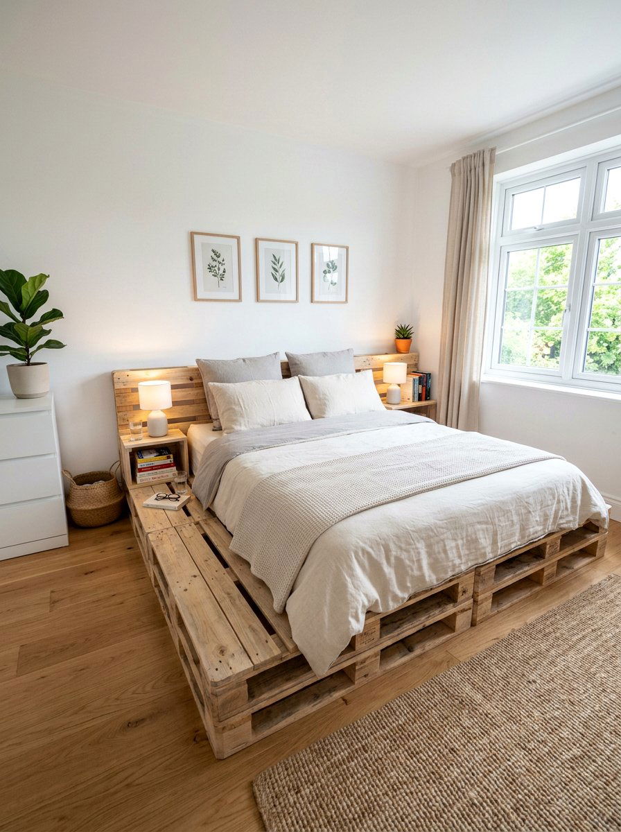 Built in nightstands pallet bed - 25 Double pallet bed ideas
