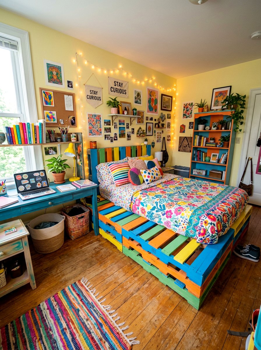 COLORFUL PALLET BED FOR DORM - 25 Pallet bed ideas for college dorm