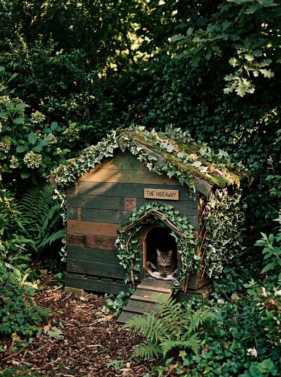 Camouflaged Backyard Cat House - 25 pallet cat shelter ideas