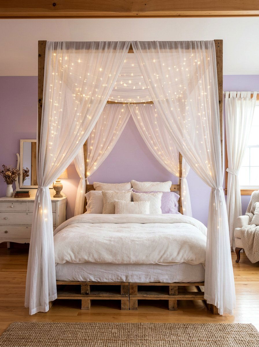 Canopy Pallet Bed Lighting Concept - 25 Pallet bed ideas with fairy lights