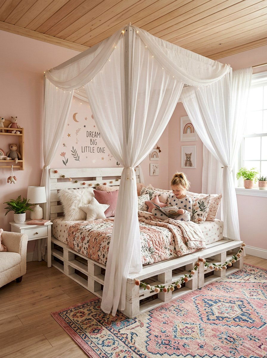 Canopy pallet bed - 25 Pallet bed ideas for girls room