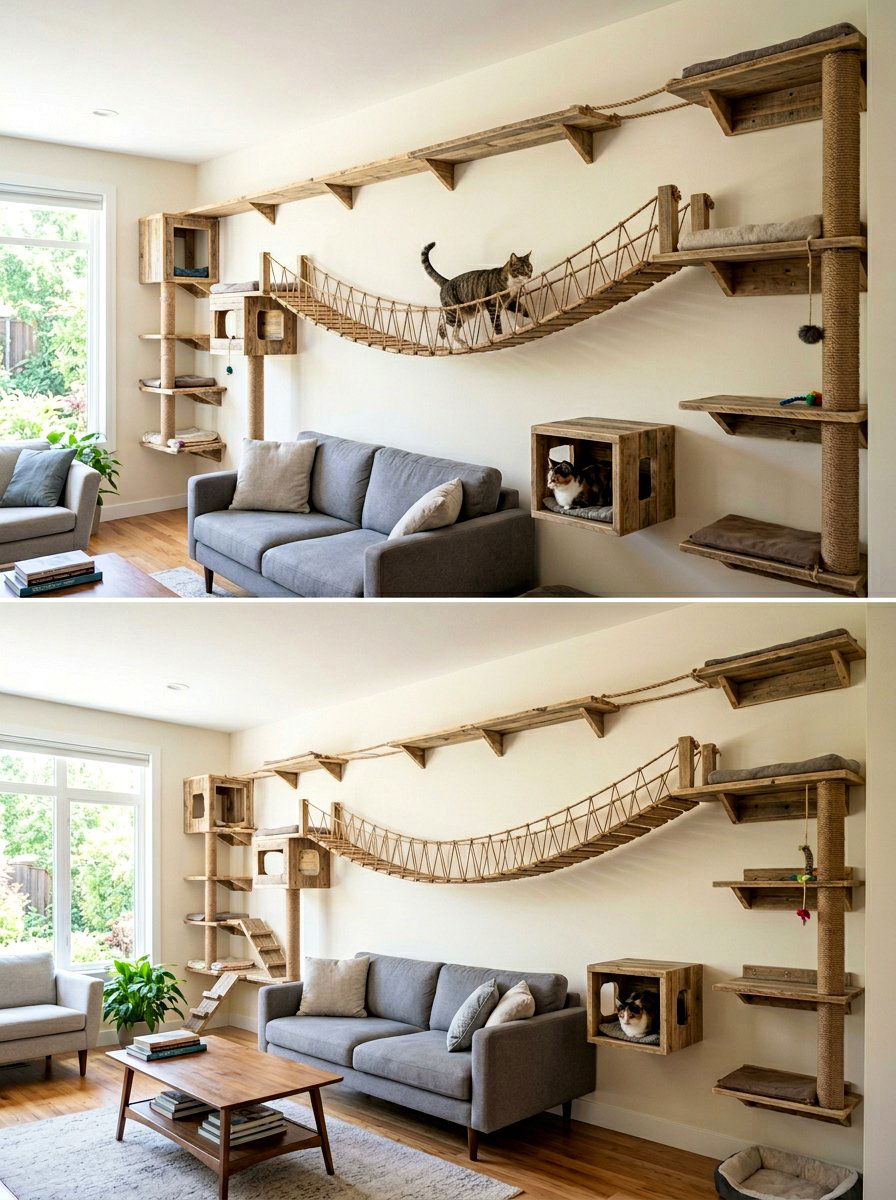 Cat climbing shelves and bridge - 25 pallet cat tree ideas
