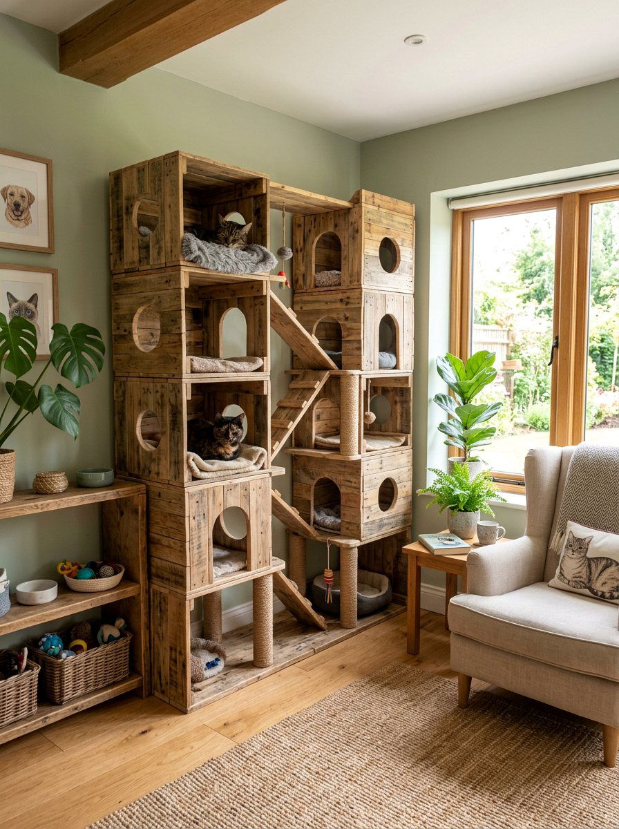 Cat condo with cubbies - 25 pallet cat tree ideas