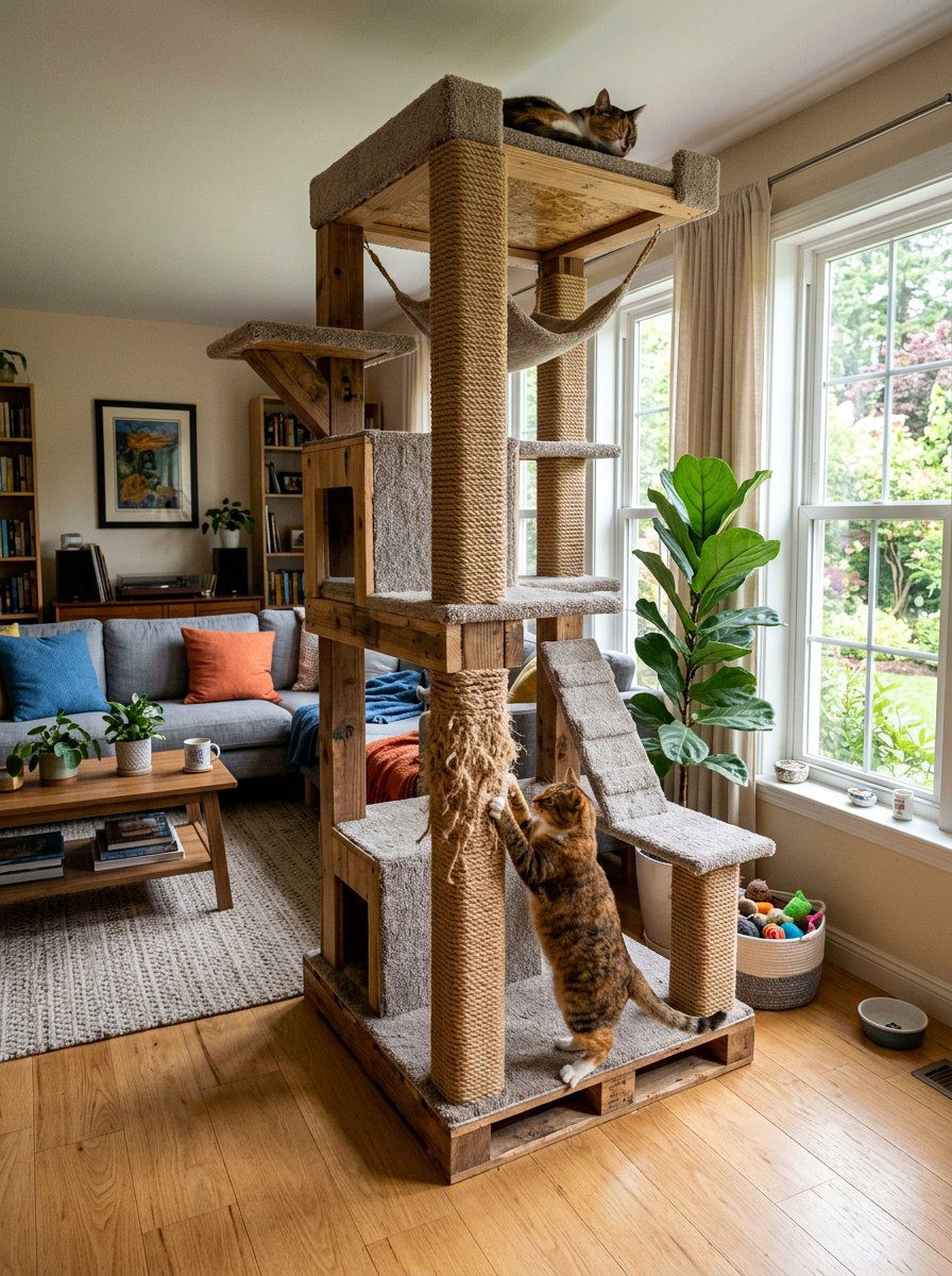 Cat tree and scratching post combo - 25 pallet cat tree ideas