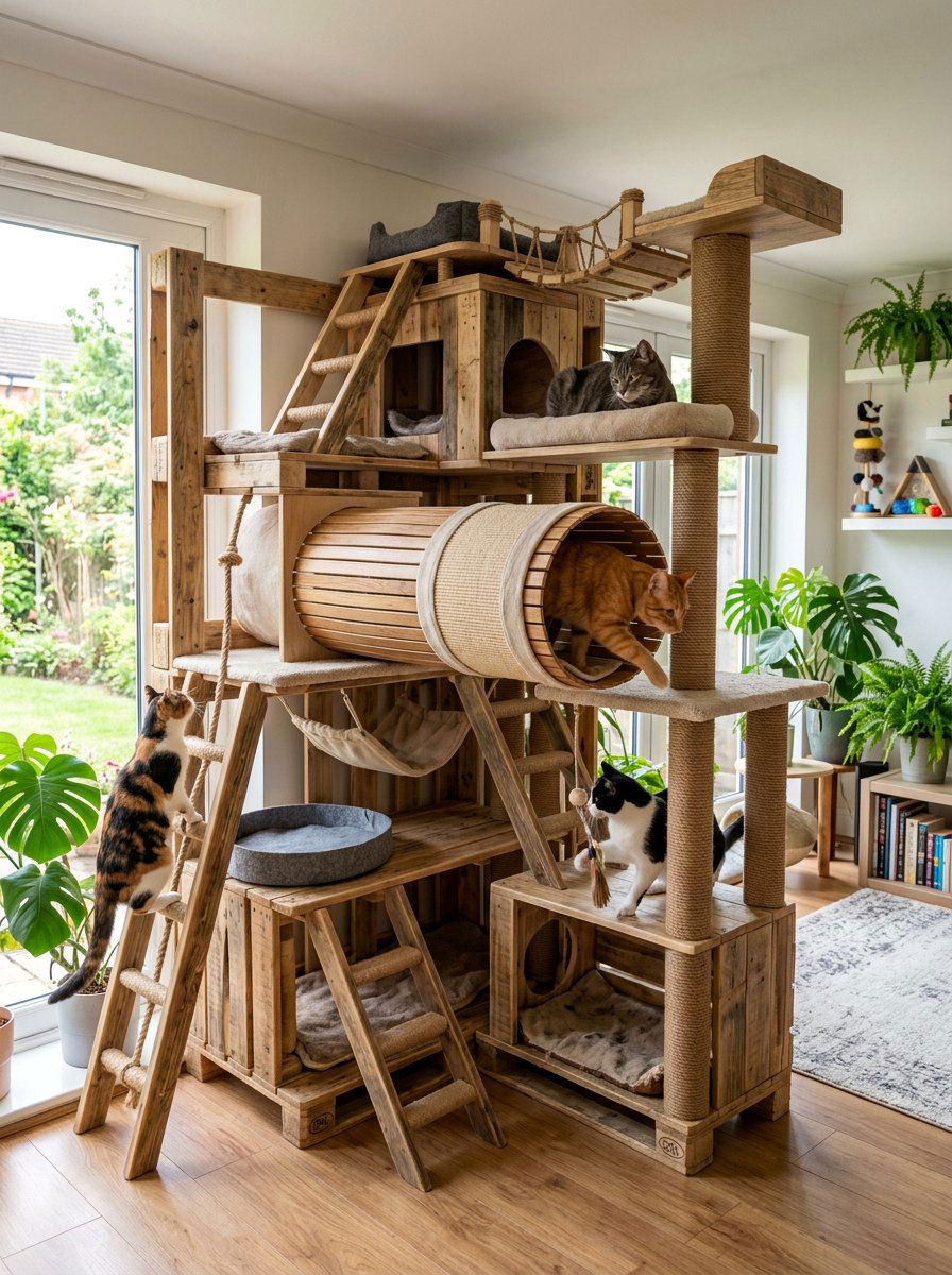 Cat tree with built in tunnel - 25 pallet cat tree ideas