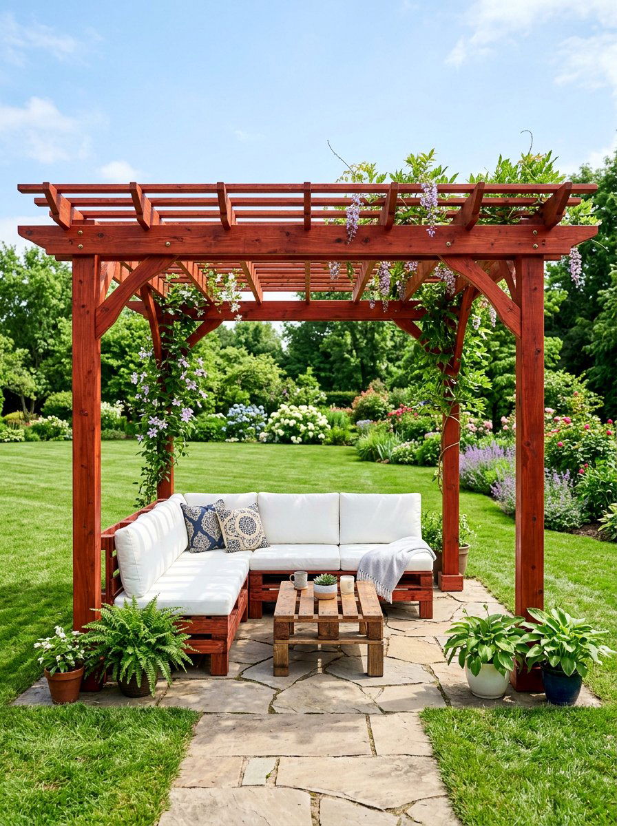 Cedar Stained Pallet Pergola - 25 Pallet Pergola Ideas
