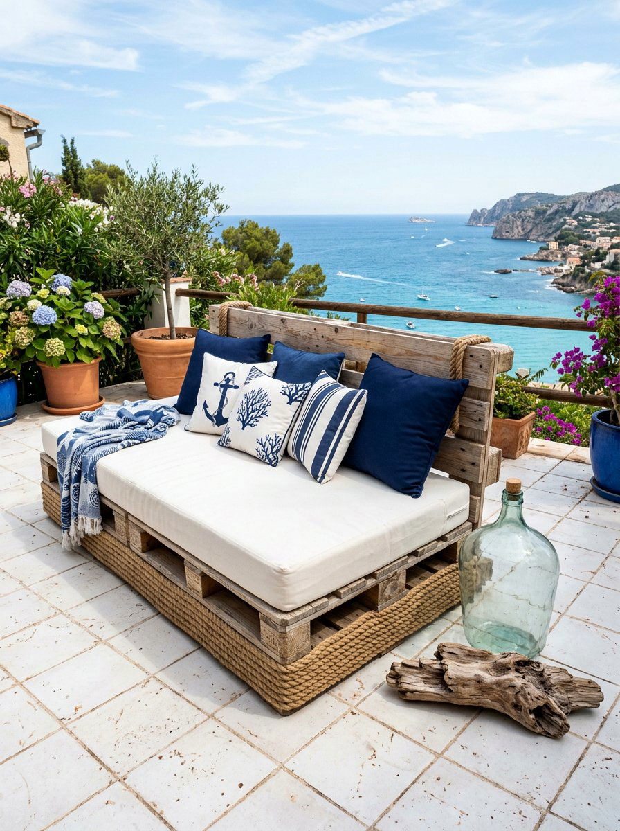 Coastal Pallet Daybed With Blue Accents - 25 Pallet Daybed for Patio Ideas