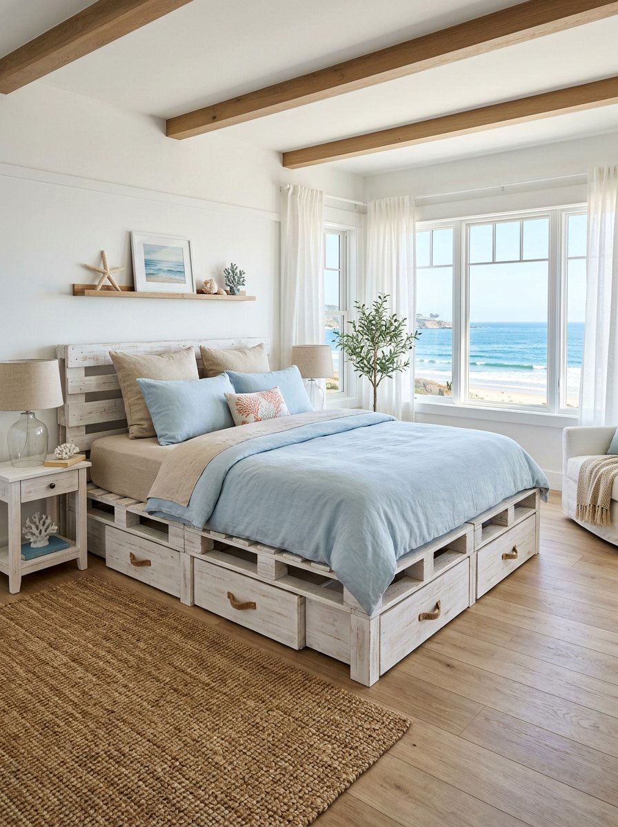 Coastal Theme Bedroom - 25 Pallet bed ideas with drawers