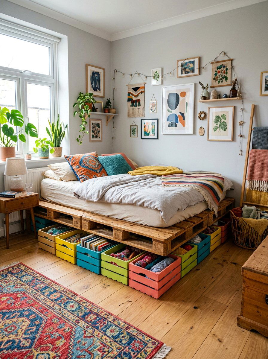 Colored Crate Bed Storage - 25 Pallet bed ideas with crate storage