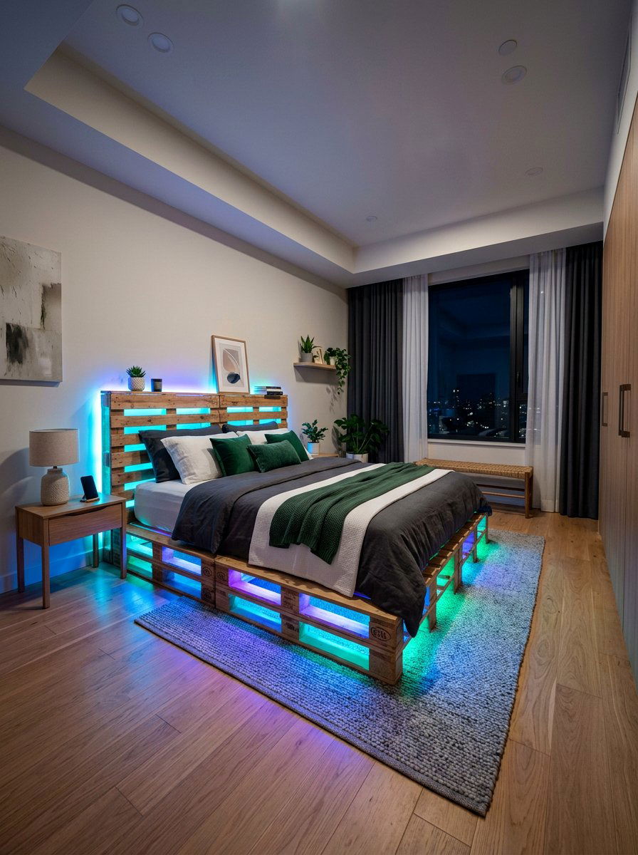 Colorful LED Accent - 25 Pallet bed ideas with lights