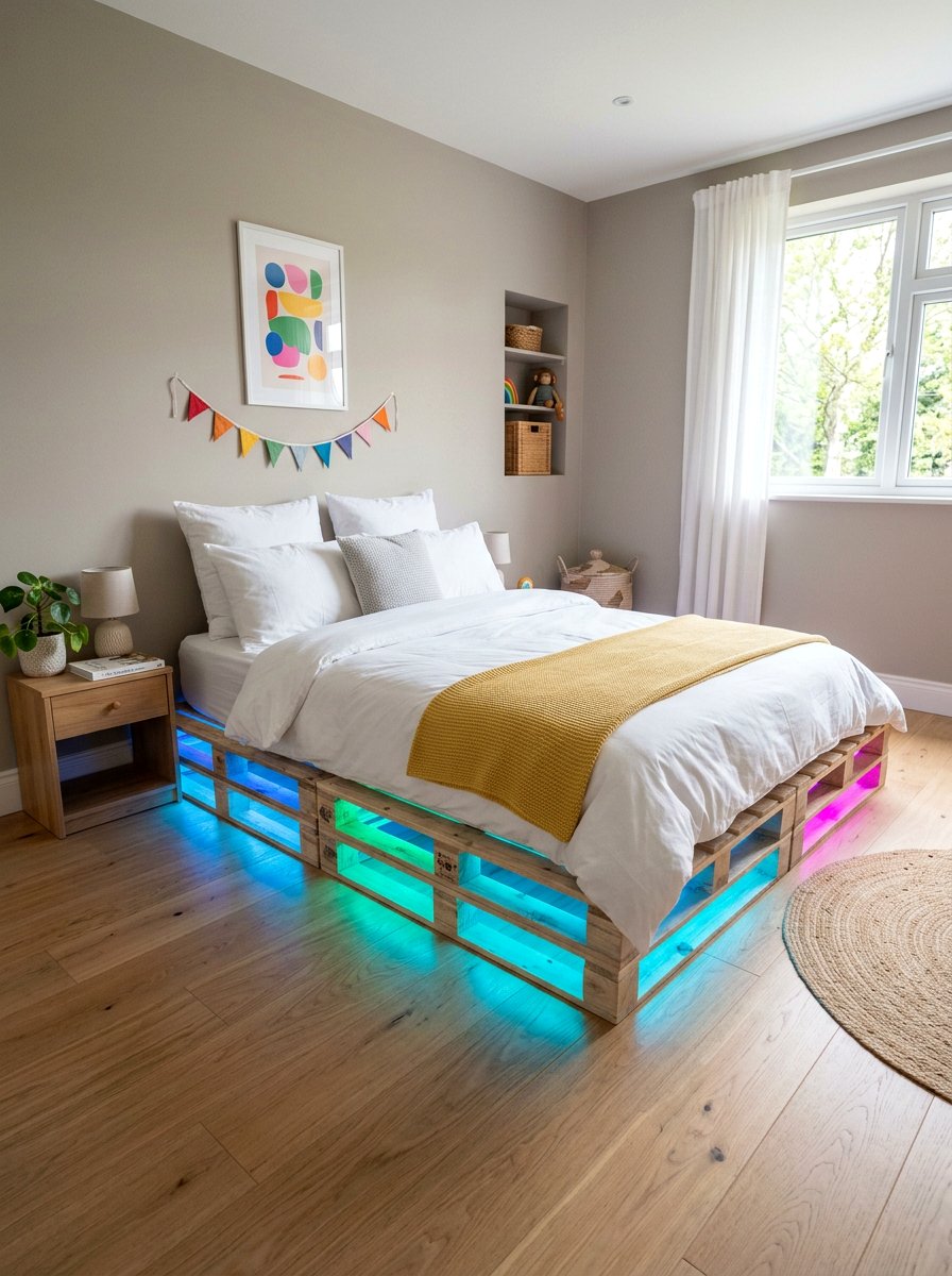 Colorful LED Pallet Bed - 25 Illuminated pallet bed ideas