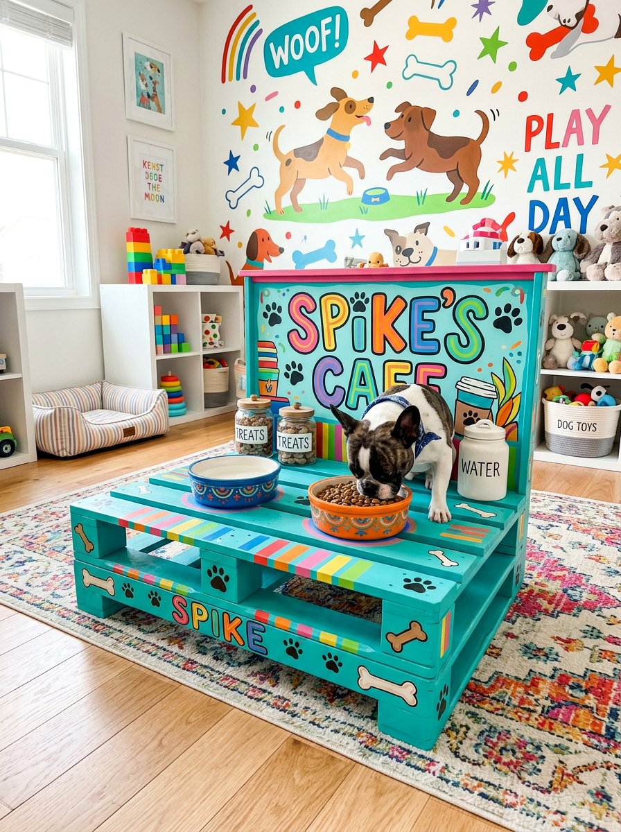 Colorful Painted Dog Food Station - 25 Pallet Pet Feeding Station Ideas