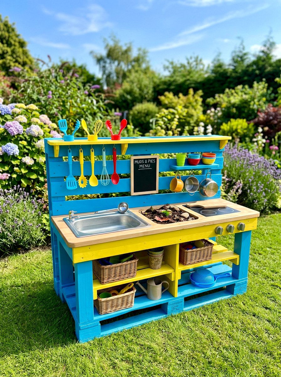Colorful Painted Mud Kitchen - 25 Pallet Mud Kitchen for Kids Ideas