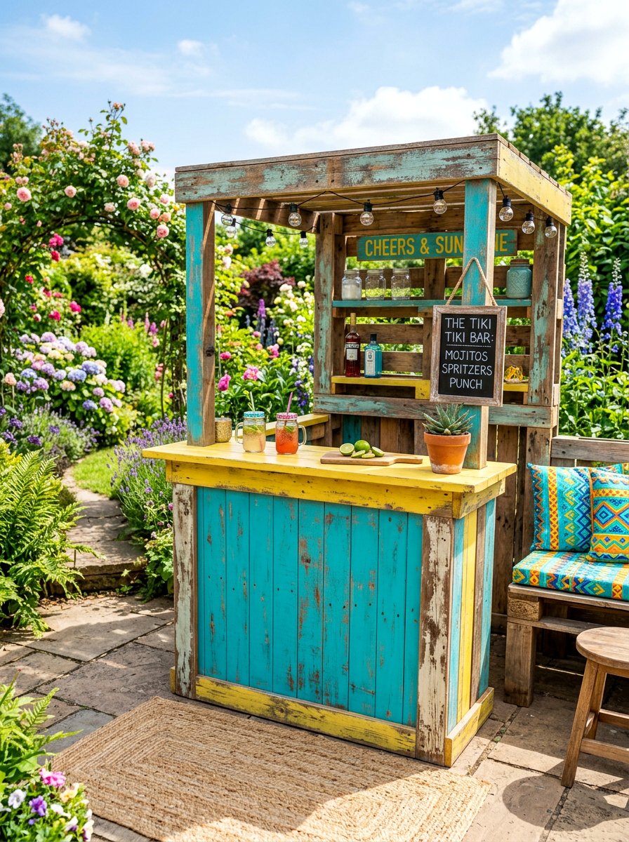 Colorful Painted Pallet Bar - 25 Pallet Tiki Bar Ideas