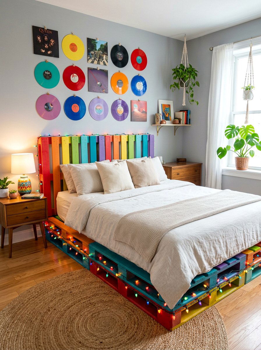 Colorful Painted Pallet Bed Fairy Lights - 25 Pallet bed ideas with fairy lights