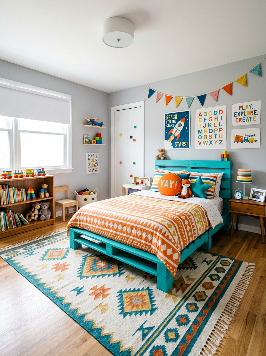 Colorful Painted Pallet Frame - 25 Pallet bed ideas for kids room