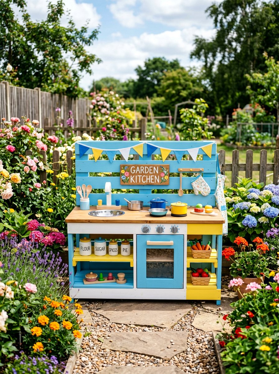 Colorful Painted Pallet Kitchen - 25 Pallet Outdoor Play Kitchen Ideas