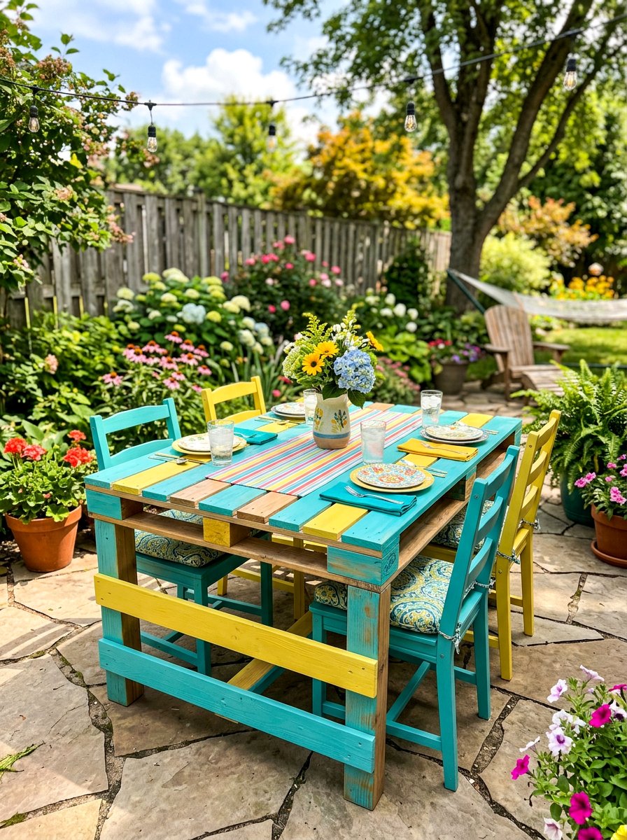 Colorful Painted Pallet Patio Table - 25 Pallet Outdoor Dining Table Ideas