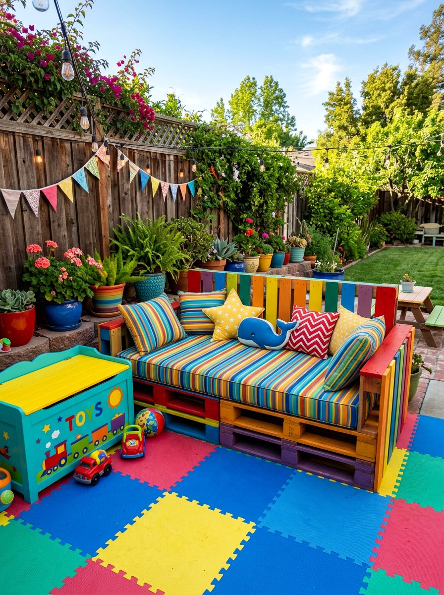 Colorful Pallet Furniture For Kid Friendly Patio - 25 Pallet Daybed for Patio Ideas
