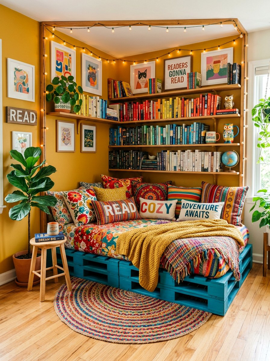 Colorful Pallet Reading Nook - 25 Pallet reading nook bed ideas