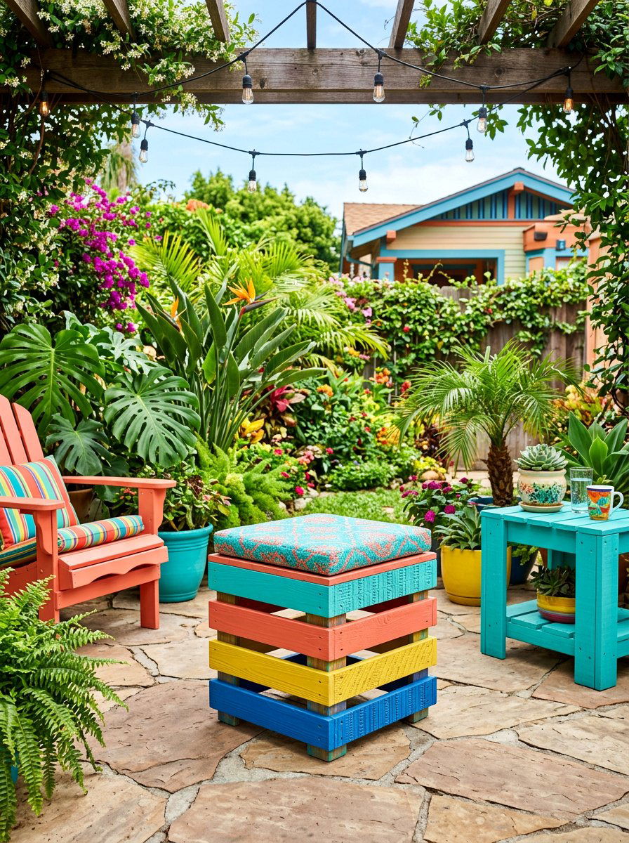 Colorful Patio Pallet Stool - 25 Pallet Bar Stools Ideas